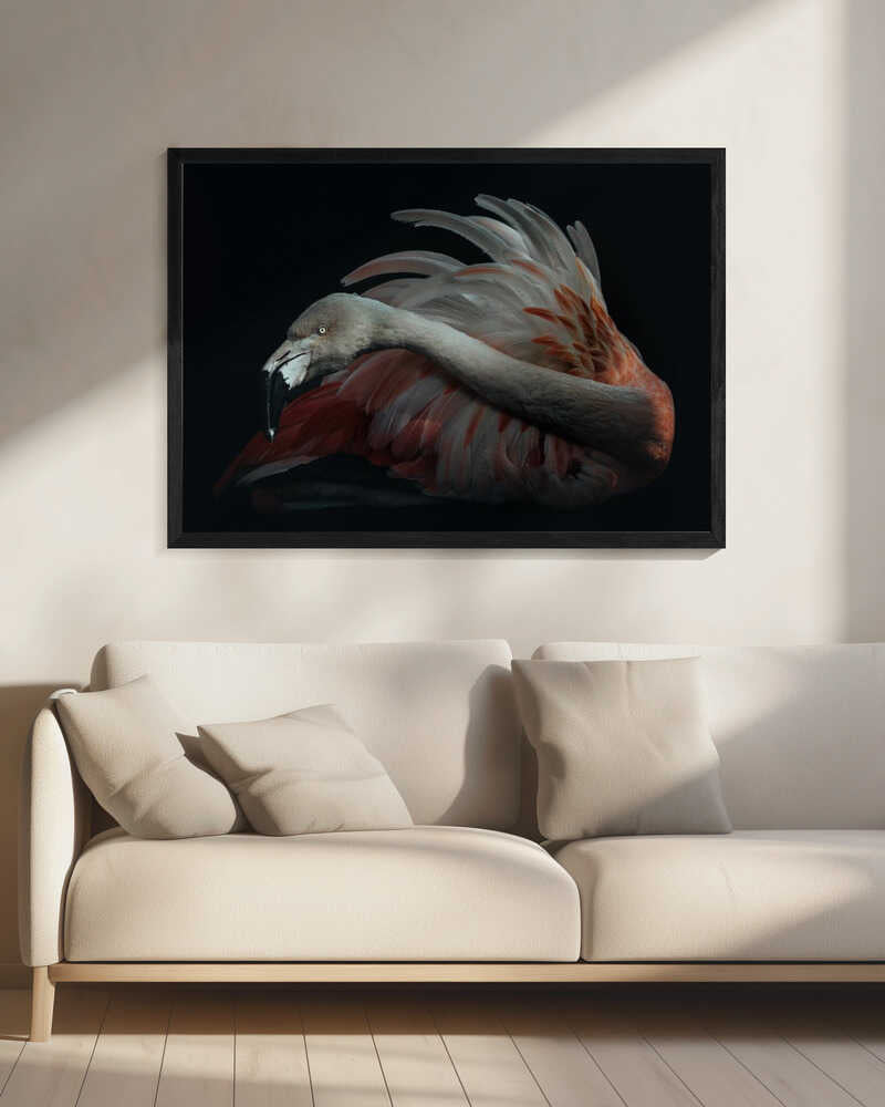Elegant Pink Flamingo Art Print UK — Dark Moody Dark Wall Art — Living Room — Wall It All Prints