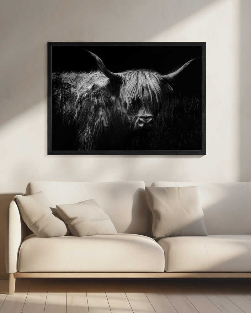 Highland Cow Portrait Art Print UK — Dark Moody Dark Wall Art — Living Room — Wall It All Prints