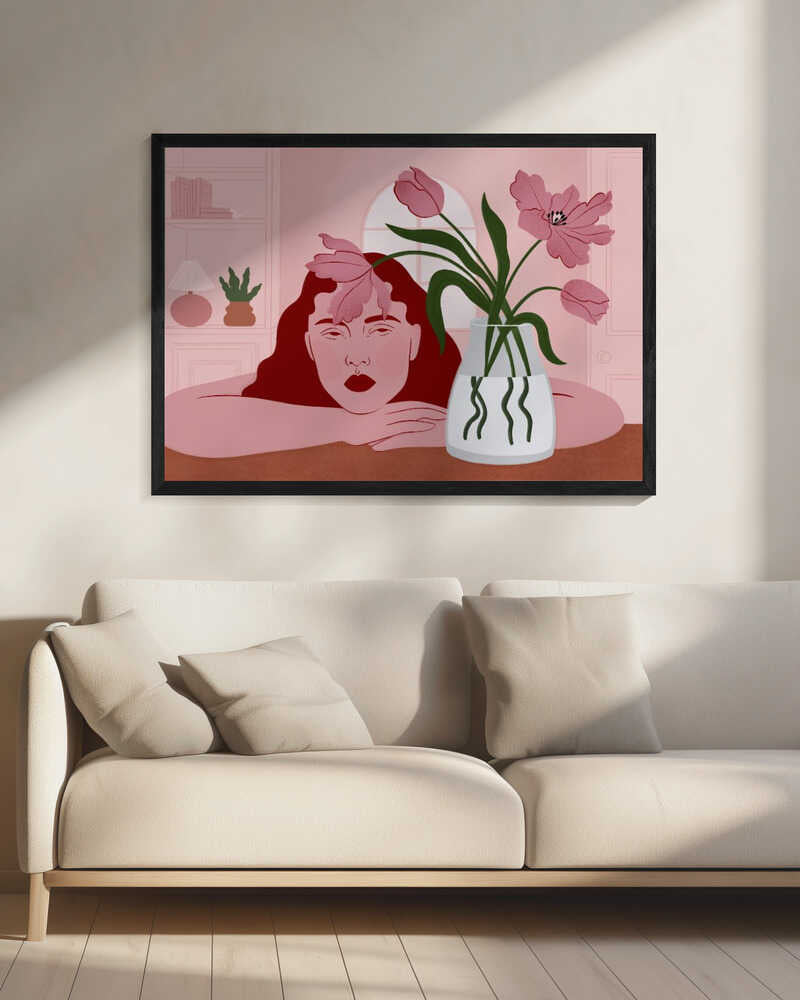 Pensive Woman and Tulips Art Print UK — Botanical Calm Wall Art — Living Room — Wall It All Prints