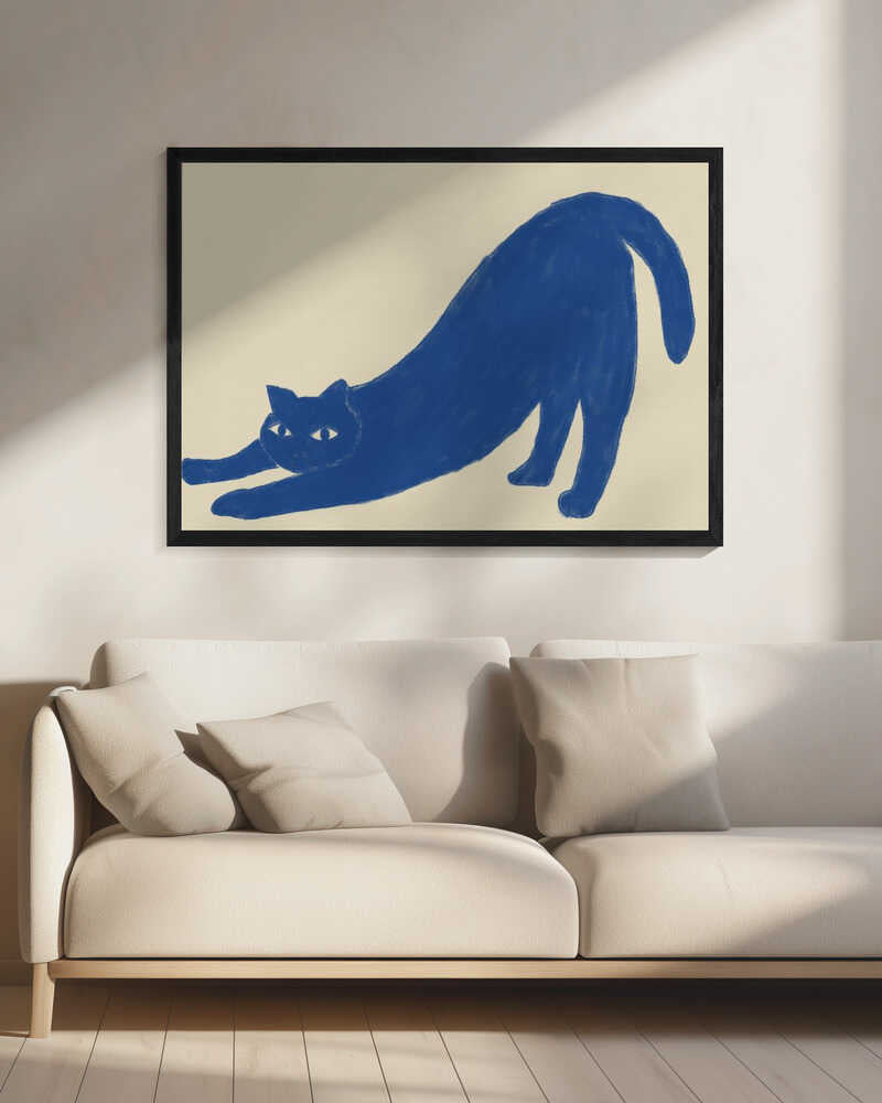 Stretching Blue Cat Art Print UK — Abstract Calm Wall Art — Bedroom — Wall It All Prints