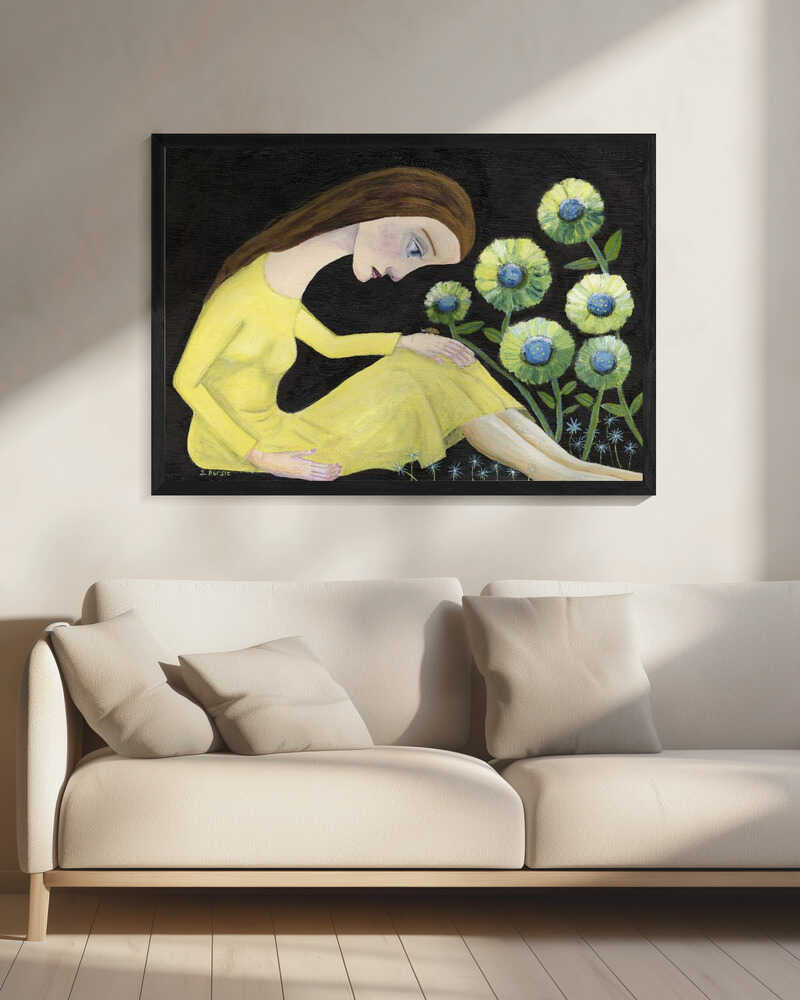 Lady With Lady Bug in yellow dress with flowers Art Print UK — Botanical Vibrant Wall Art — Living Room — Wall It All Prints
