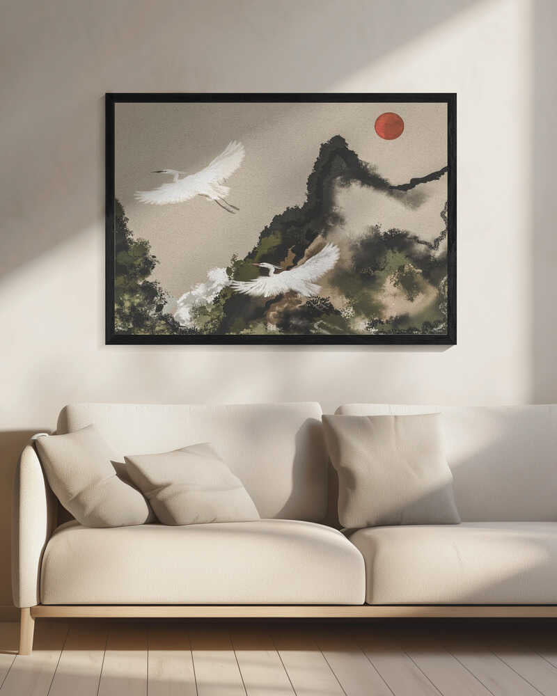 Red Sun Egret Flight Art Print UK — Japanese Calm Wall Art — Office — Wall It All Prints