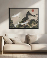 Red Sun Egret Flight Art Print UK — Japanese Calm Wall Art — Office — Wall It All Prints