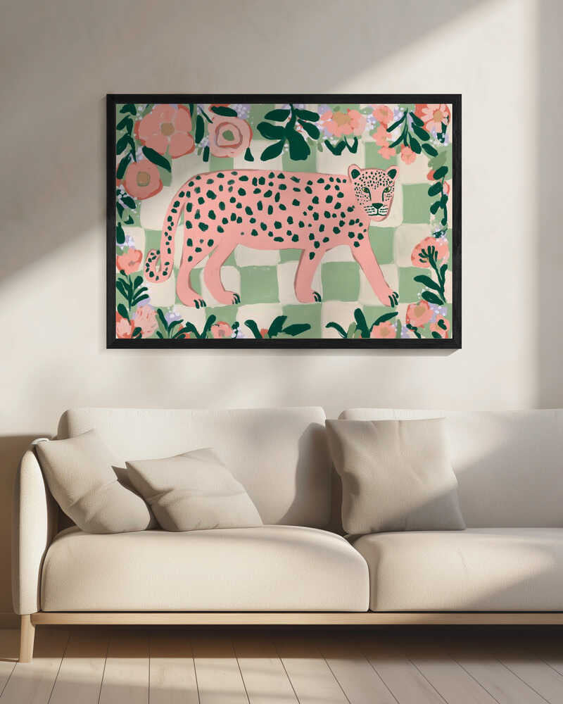 Pink leopard hidden among sage green foliage and blush pink flowers, botanical wall art print for the living room.