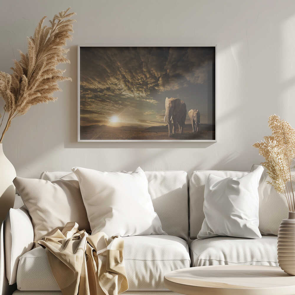 African Sunset Elephants Art Print UK — Landscape Calm Wall Art — Living Room — Wall It All Prints