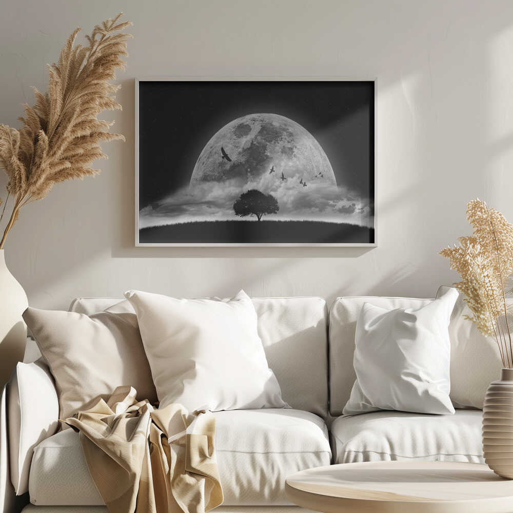 Lone Tree Under Moon Art Print UK — Dark Moody Calm Wall Art — Living Room — Wall It All Prints