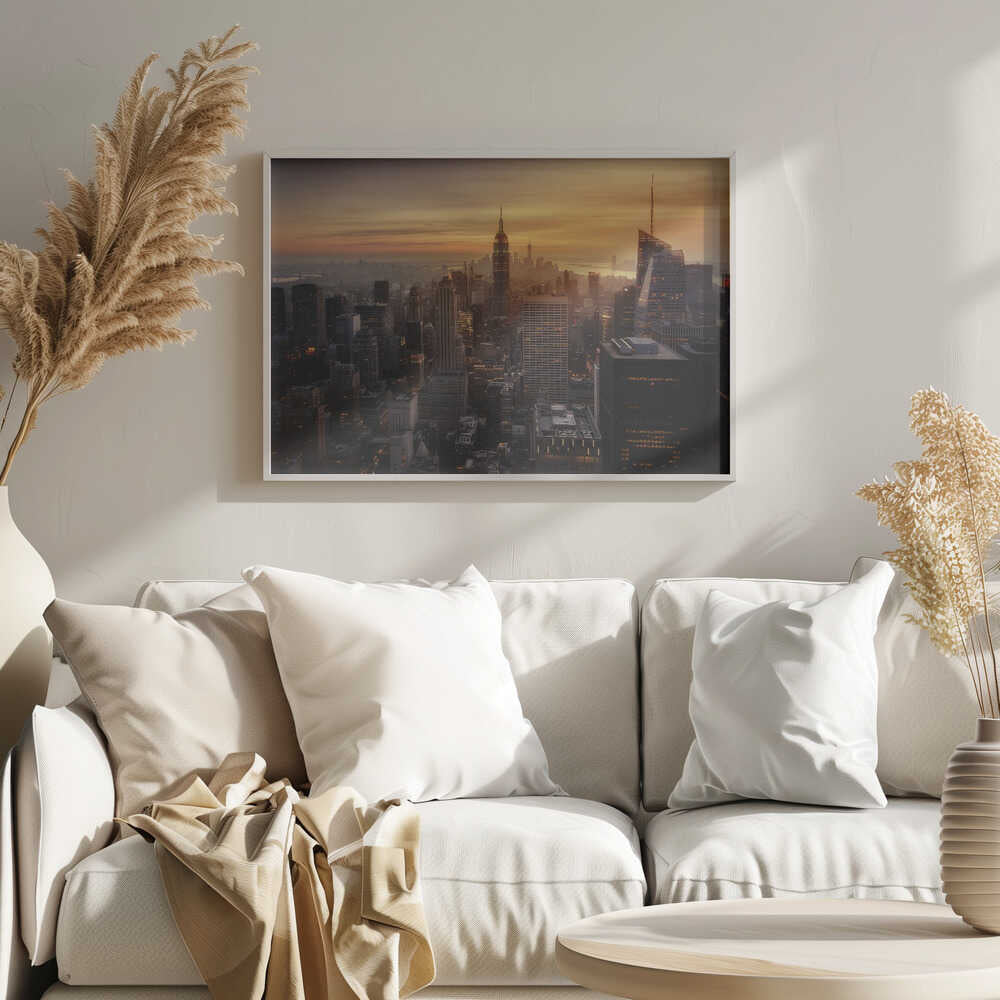 Golden Manhattan Skyline Art Print UK — Dark Moody Minimal Wall Art — Living Room — Wall It All Prints