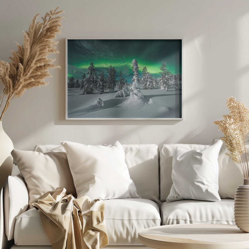 Northern Lights Winter Forest Art Print UK — Japanese Calm Wall Art — Living Room — Wall It All Prints