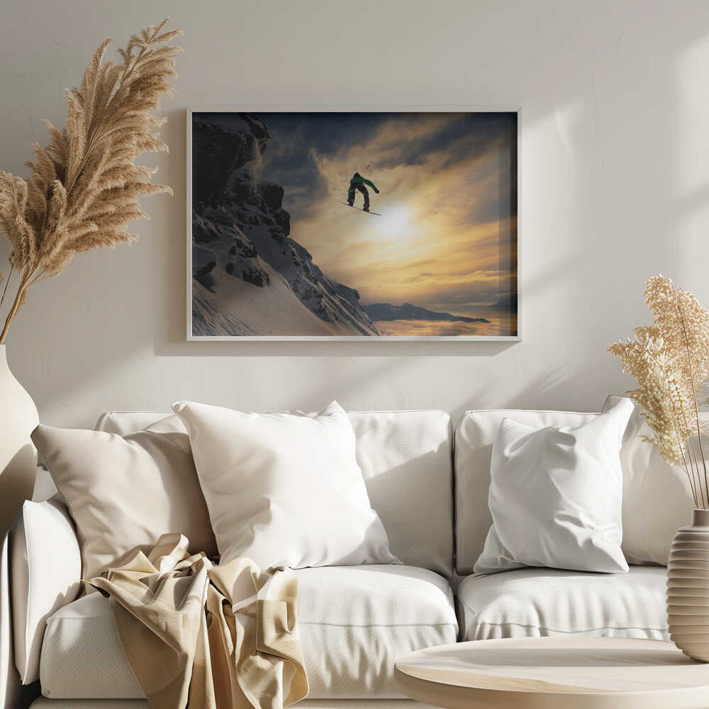 Snowboarder Sunset Jump Art Print UK — Dark Moody Warm Wall Art — Living Room — Wall It All Prints