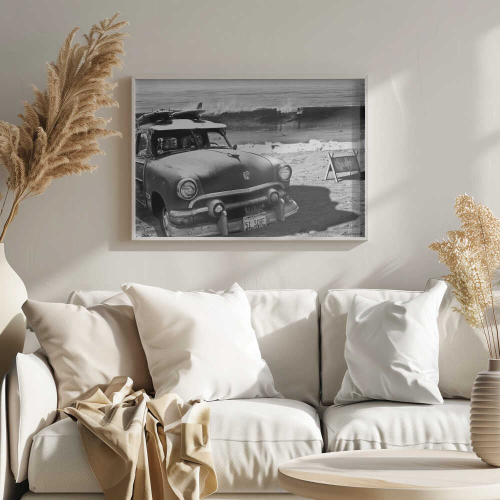 Vintage Car Surf Beach Art Print UK — Landscape Dark Wall Art — Living Room — Wall It All Prints