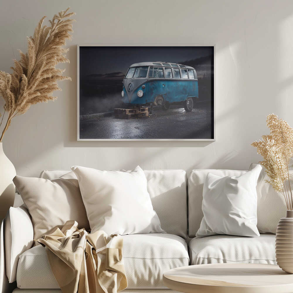 Vintage Blue Van Night Art Print UK — Dark Moody Dark Wall Art — Living Room — Wall It All Prints