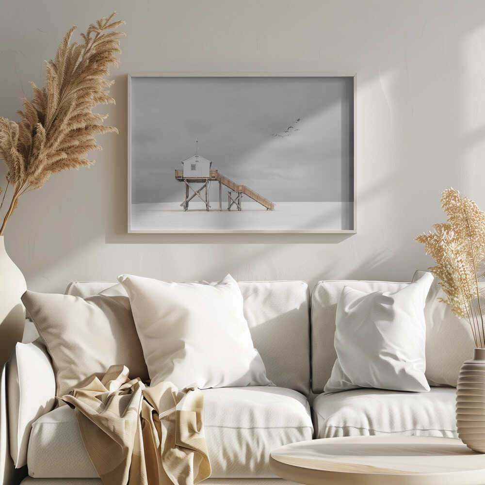 Serene Coastal Stilt House Art Print UK — Abstract Calm Wall Art — Bedroom — Wall It All Prints