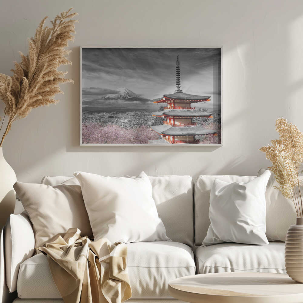 Cherry Blossoms Mount Fuji Pagoda Art Print UK — Japanese Vibrant Wall Art — Living Room — Wall It All Prints