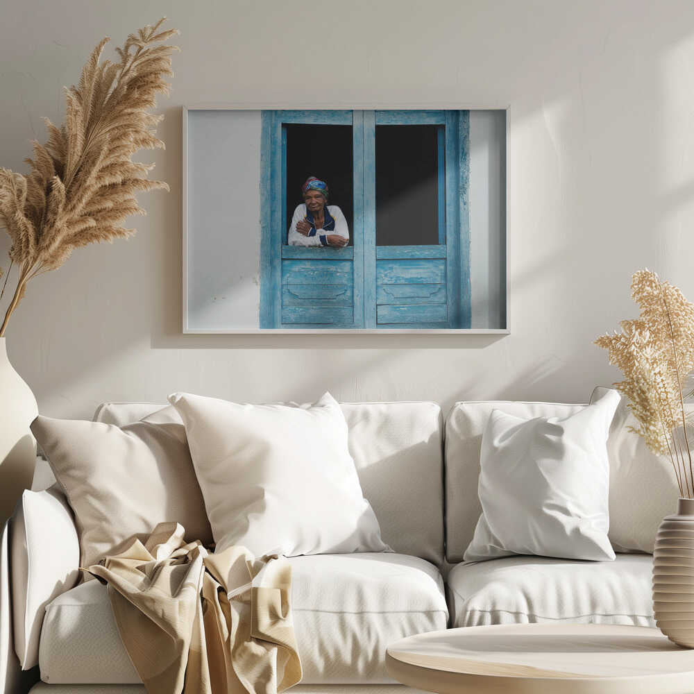 Elderly Woman in Blue Window Art Print UK — Dark Moody Vibrant Wall Art — Living Room — Wall It All Prints