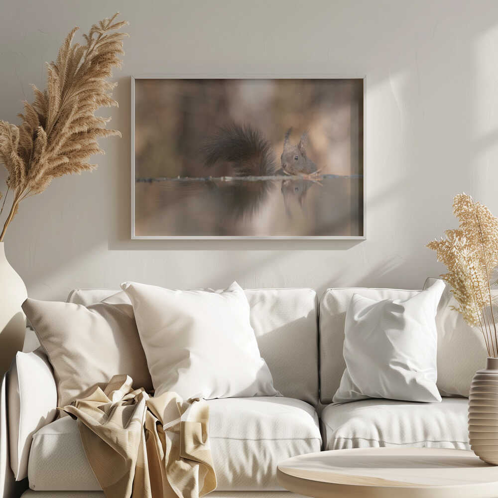 Red Squirrel's Reflection Art Print UK — Japanese Calm Wall Art — Living Room — Wall It All Prints