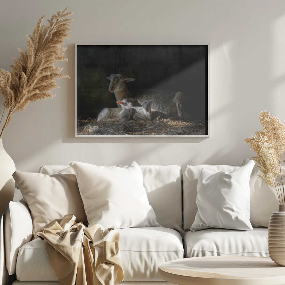 Tender Lamb Family Art Print UK — Dark Moody Calm Wall Art — Nursery — Wall It All Prints
