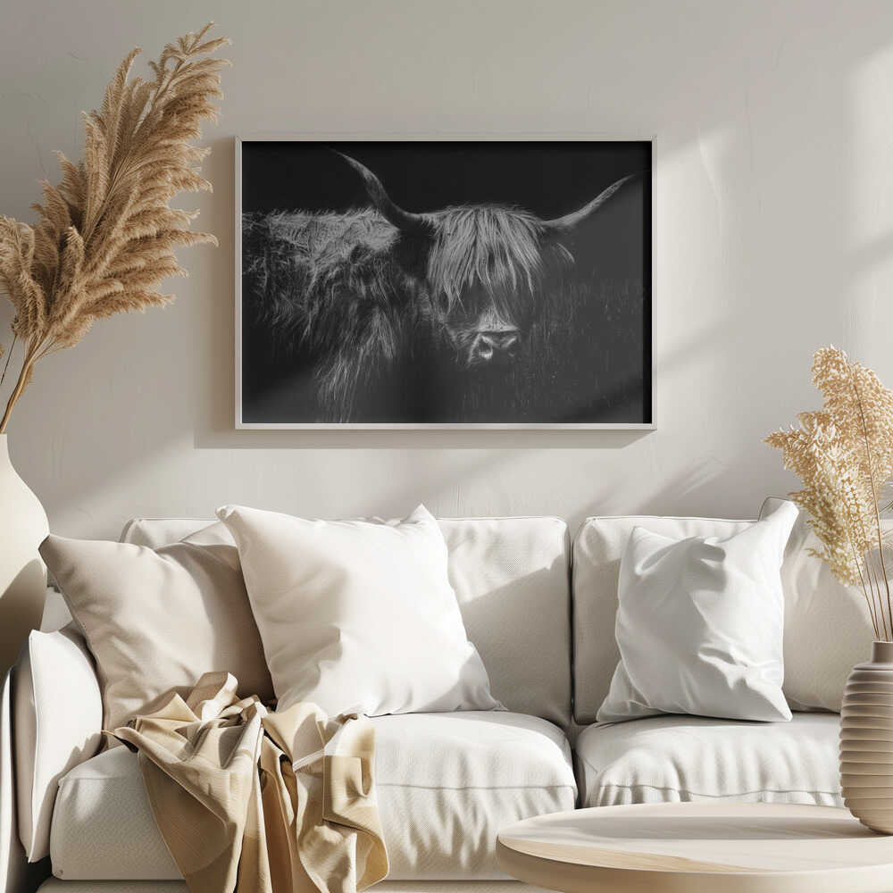 Highland Cow Portrait Art Print UK — Dark Moody Dark Wall Art — Living Room — Wall It All Prints