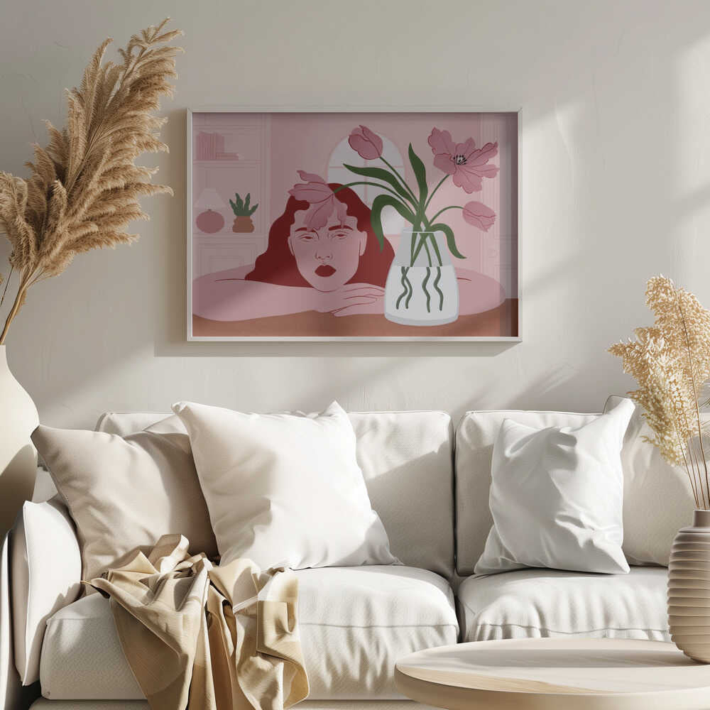 Pensive Woman and Tulips Art Print UK — Botanical Calm Wall Art — Living Room — Wall It All Prints