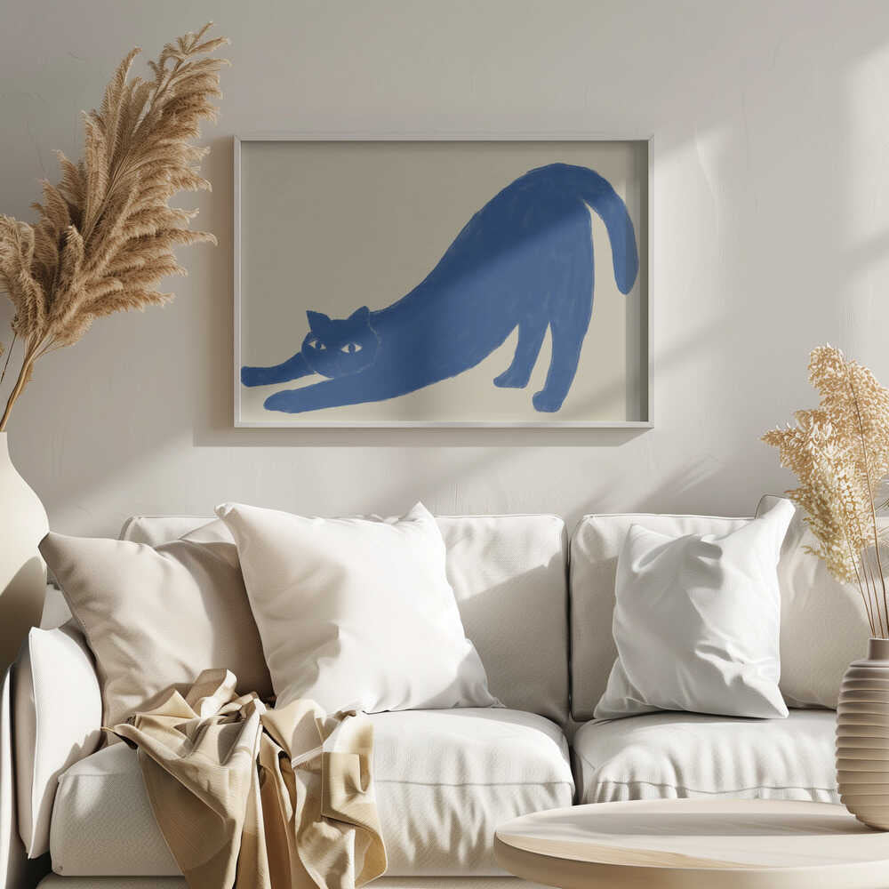 Stretching Blue Cat Art Print UK — Abstract Calm Wall Art — Bedroom — Wall It All Prints