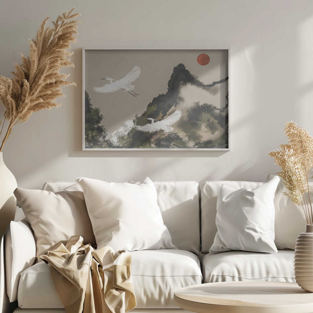 Red Sun Egret Flight Art Print UK — Japanese Calm Wall Art — Office — Wall It All Prints