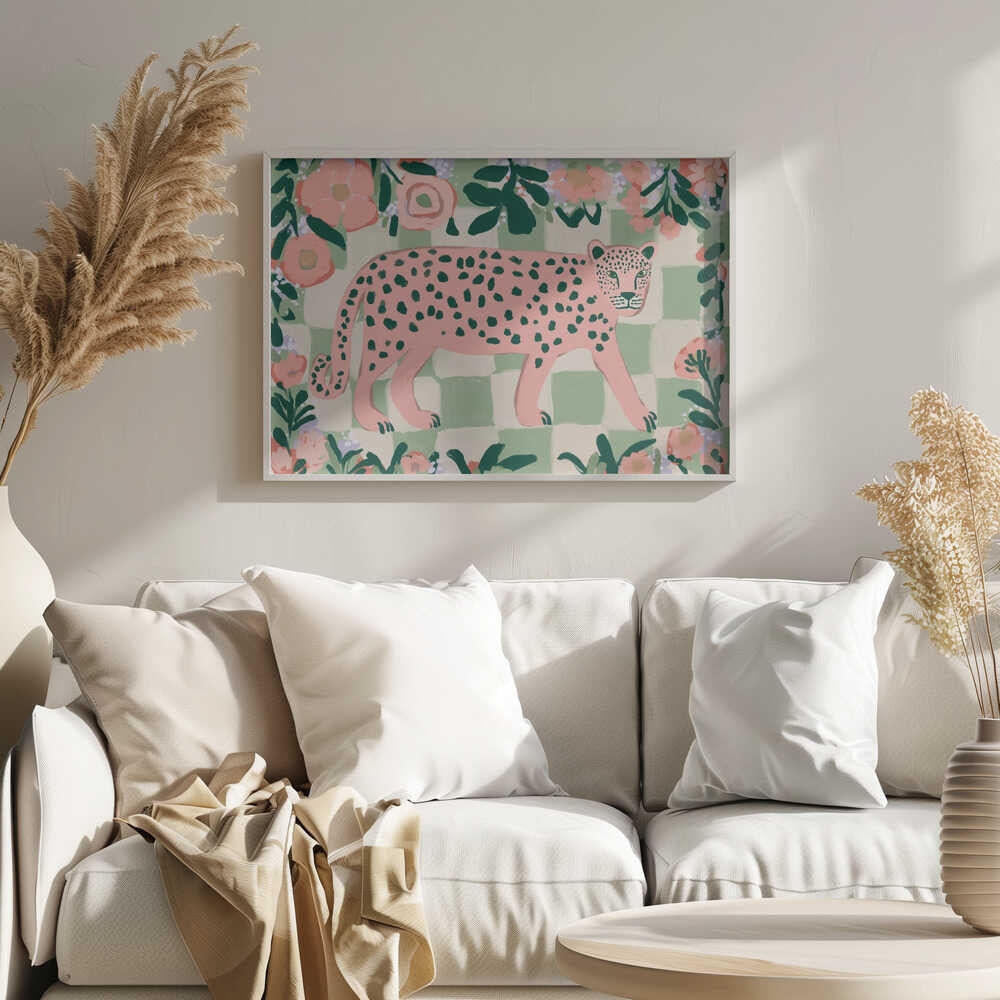 Pink leopard hidden among sage green foliage and blush pink flowers, botanical wall art print for the living room.