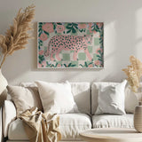 Pink leopard hidden among sage green foliage and blush pink flowers, botanical wall art print for the living room.