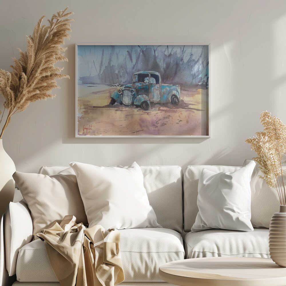 Rusty Blue Pickup Truck Art Print UK — Landscape Vibrant Wall Art — Living Room — Wall It All Prints