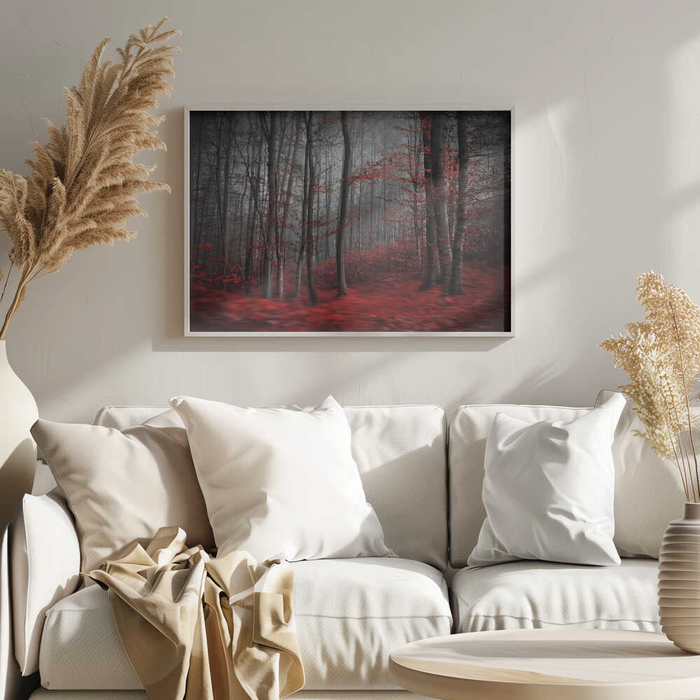 Misty Red Forest Art Print UK — Dark Moody Dark Wall Art — Living Room — Wall It All Prints
