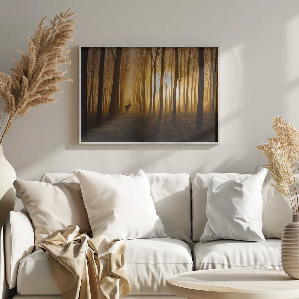 Golden Forest Stag Art Print UK — Landscape Calm Wall Art — Living Room — Wall It All Prints