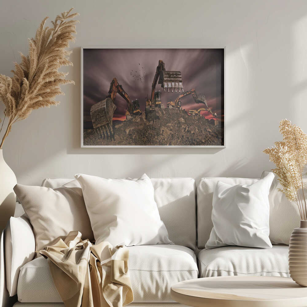 Industrial Excavators Sunset Art Print UK — Dark Moody Dark Wall Art — Living Room — Wall It All Prints