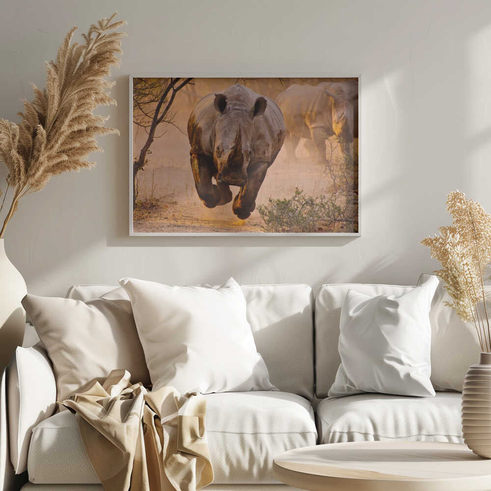 Running African Rhinos Art Print UK — Landscape Warm Wall Art — Living Room — Wall It All Prints