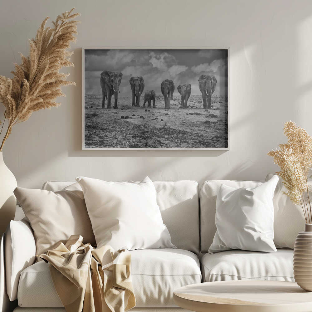 Savannah Elephant March Art Print UK — Animal Dark Wall Art — Nursery — Wall It All Prints