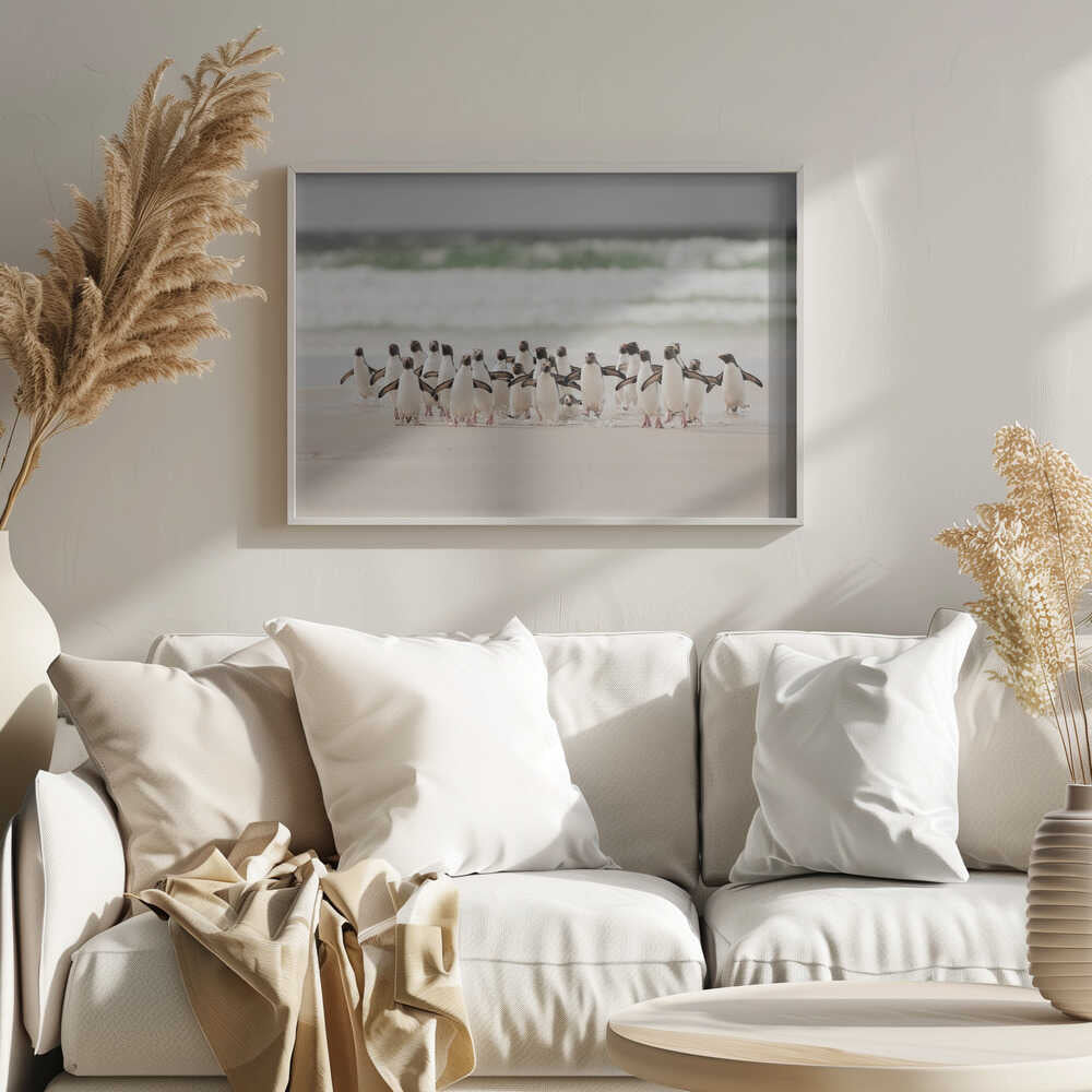 Wild Penguins on Shore Art Print UK — Landscape Vibrant Wall Art — Living Room — Wall It All Prints