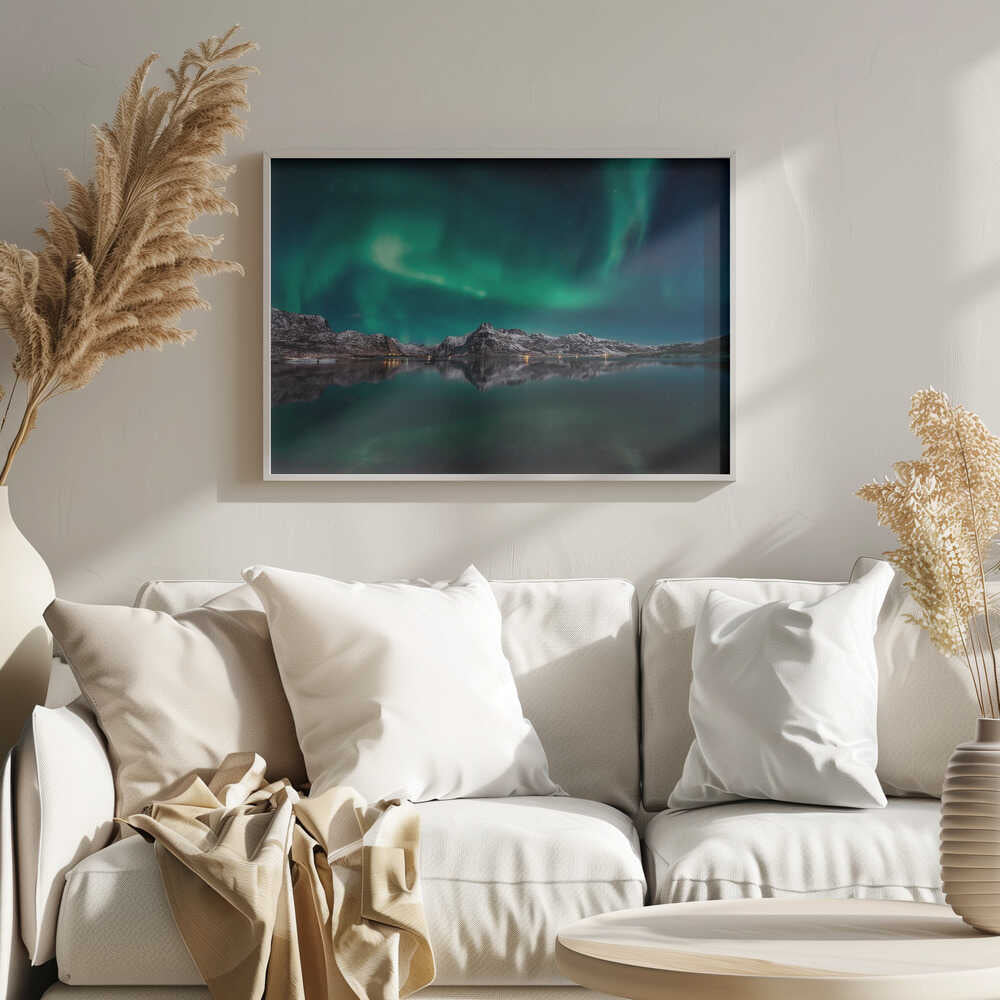 Emerald Aurora Mountain Reflection Art Print UK — Dark Moody Calm Wall Art — Bedroom — Wall It All Prints