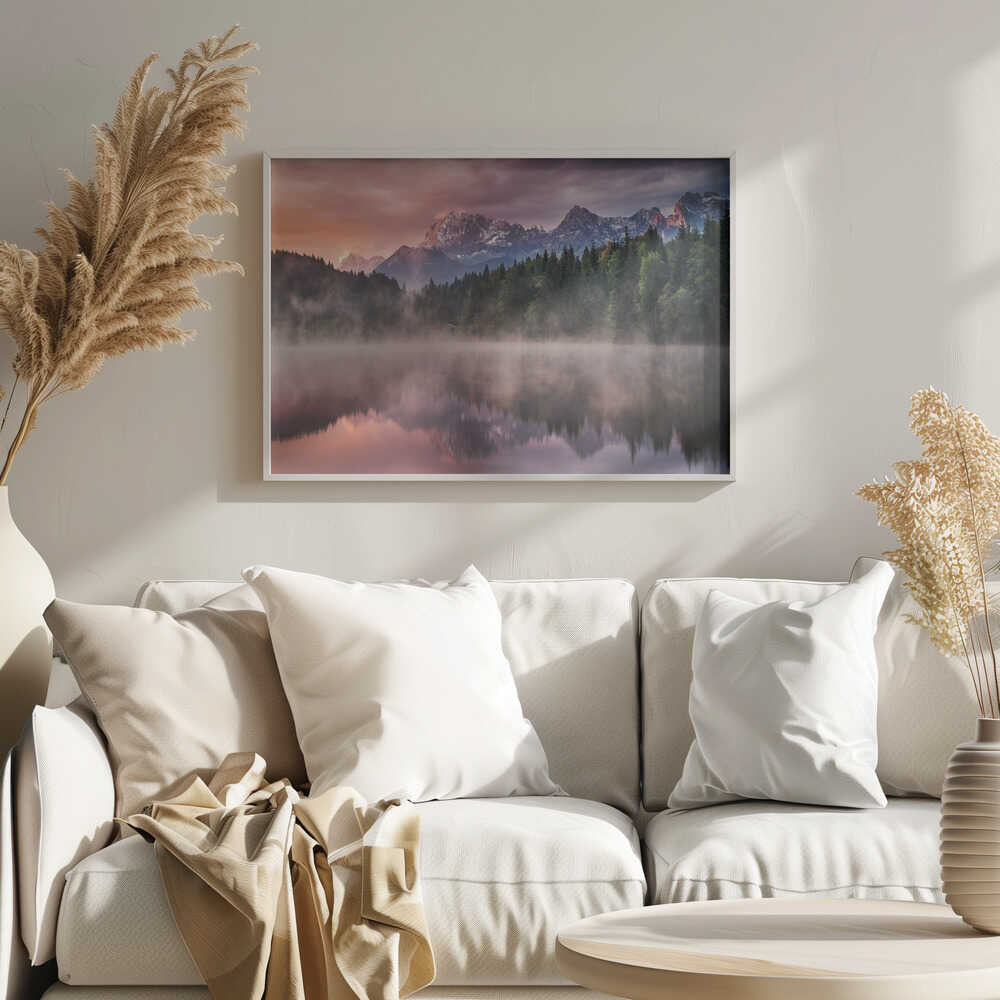 Misty Mountain Lake Reflection Art Print UK — Dark Moody Vibrant Wall Art — Bedroom — Wall It All Prints