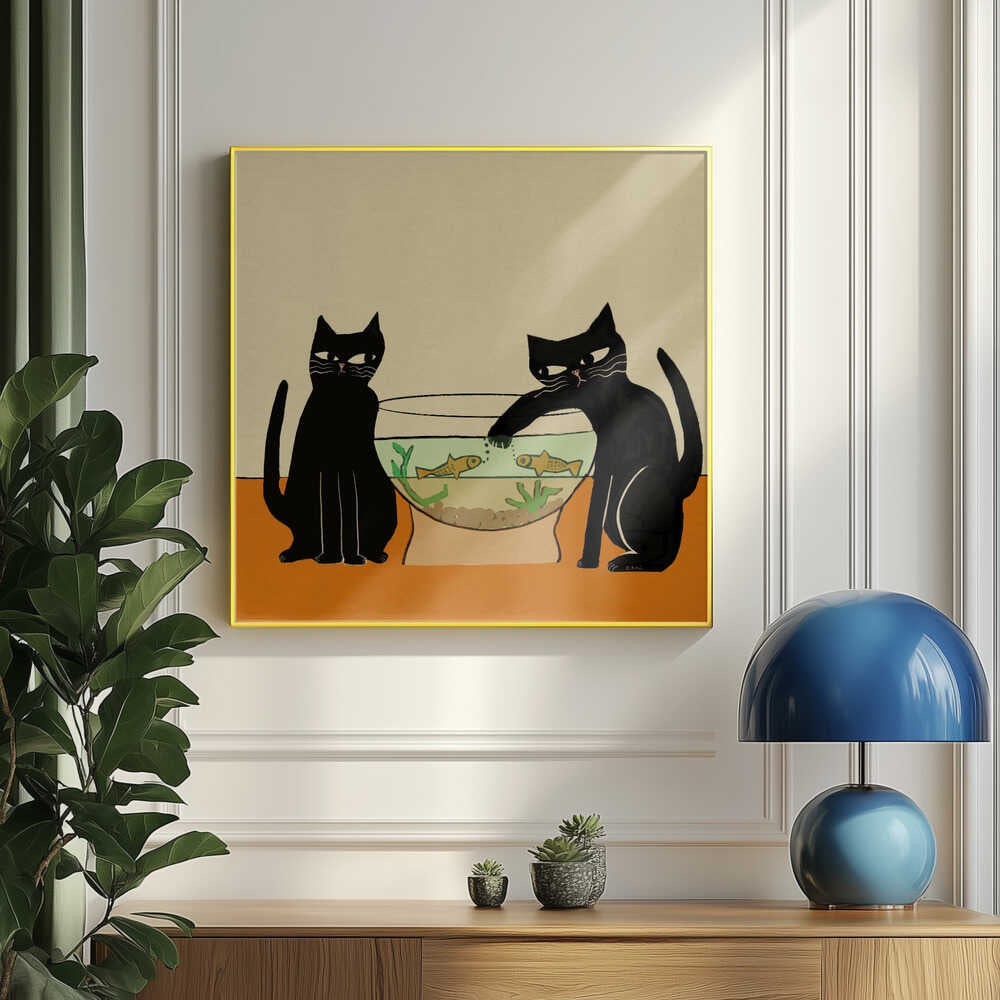 Mischievous Cat And Fish Art Print UK — Botanical Dark Wall Art — Living Room — Wall It All Prints