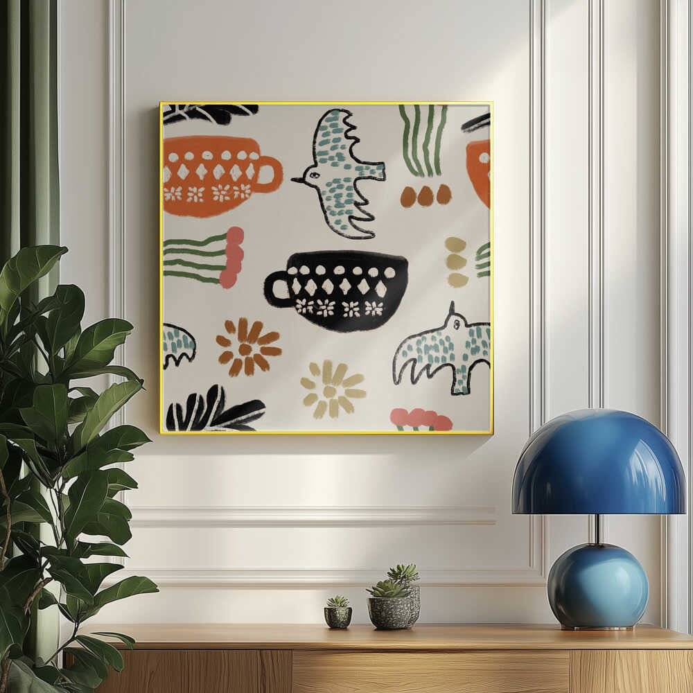 Nordic Folk Cups And Birds Art Print UK — Botanical Dark Wall Art — Kitchen — Wall It All Prints