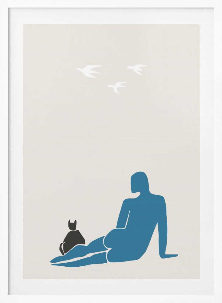 Blue Figure Black Cat Art Print UK — Abstract Calm Wall Art — Bedroom — Wall It All Prints