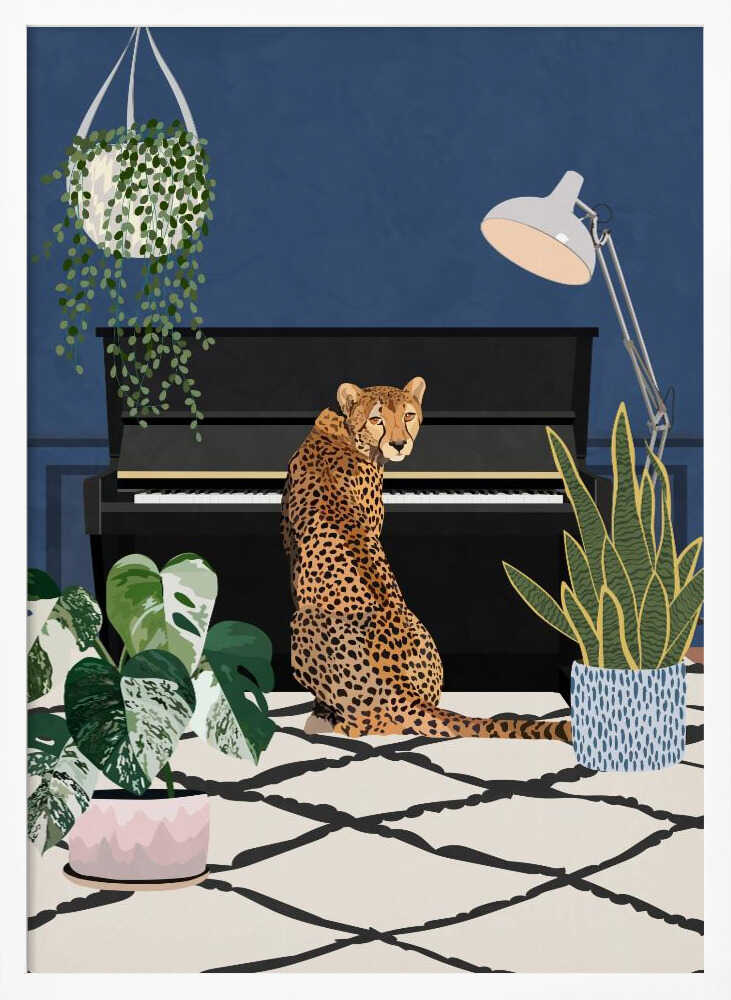Cheetah By The Piano Art Print UK — Botanical Vibrant Wall Art — Living Room — Wall It All Prints