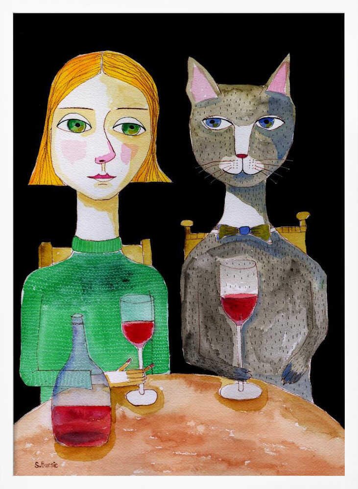 Dinner Date with Cat Art Print UK — Portrait Vibrant Wall Art — Kitchen — Wall It All Prints