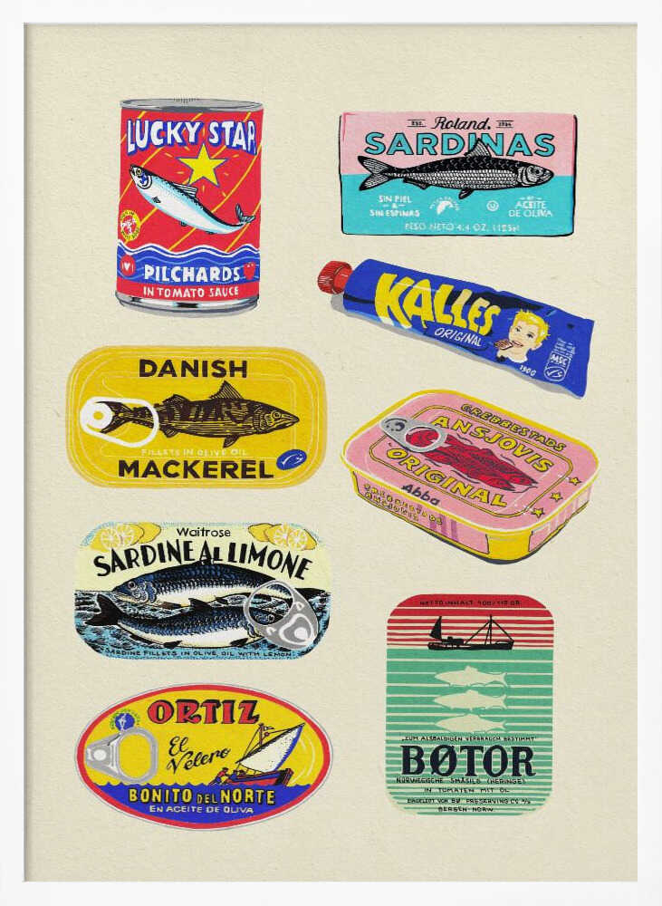 Vintage Seafood Cans Art Print UK — Abstract Vibrant Wall Art — Kitchen — Wall It All Prints