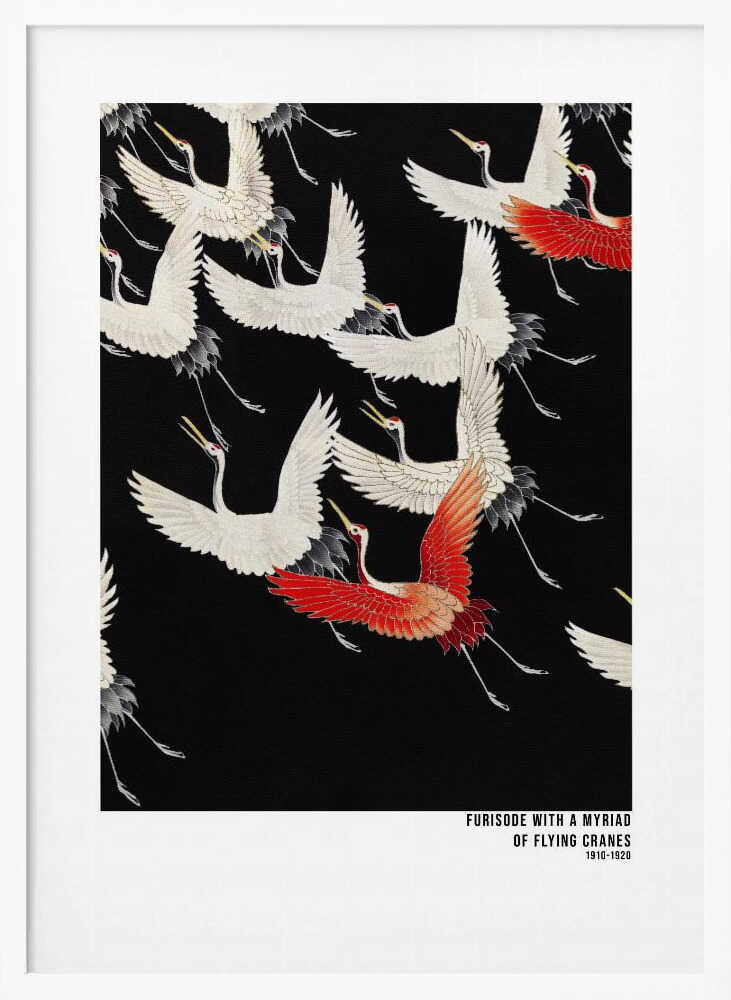 Furisode With a Myriad of Flying Cranes (1910–1920)   Japanese Art Print UK — Japanese Dark Wall Art — Living Room — Wall...