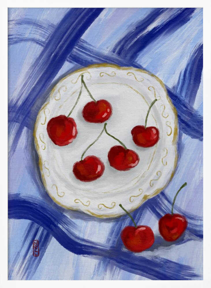 Red Cherries Blue Table Art Print UK — Food Vibrant Wall Art — Kitchen — Wall It All Prints