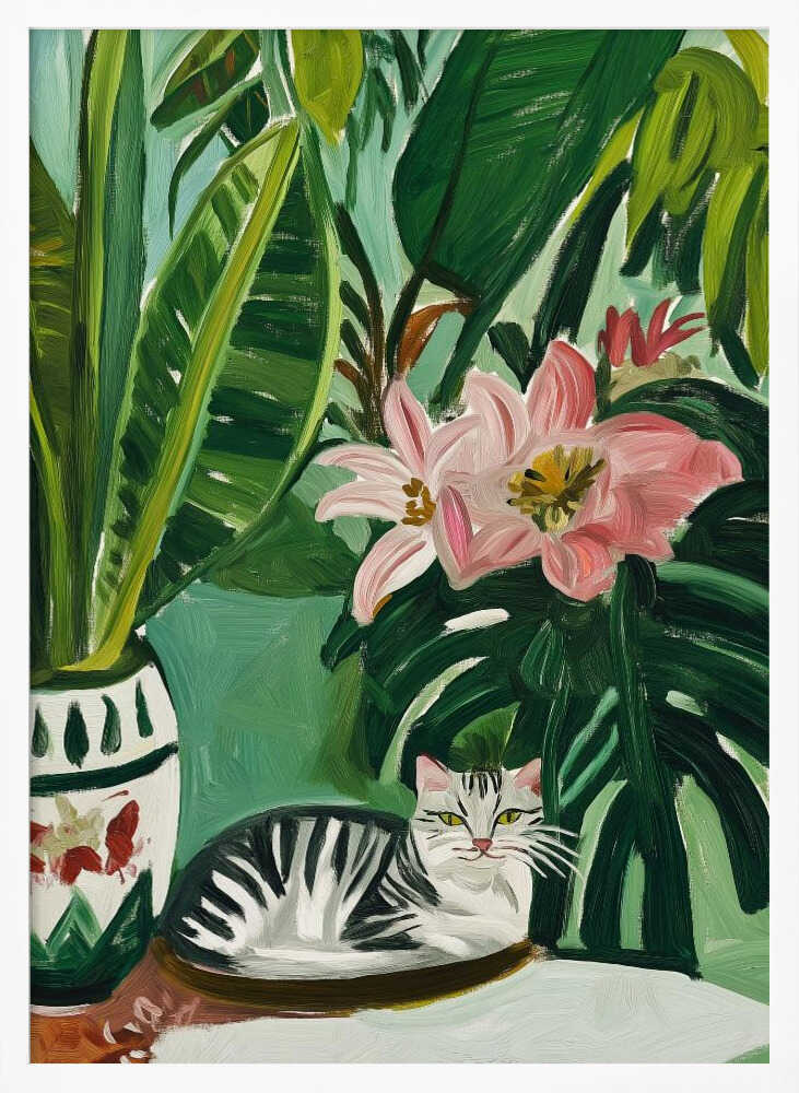 Tropical Cat and Flowers Art Print UK — Botanical Vibrant Wall Art — Bedroom — Wall It All Prints