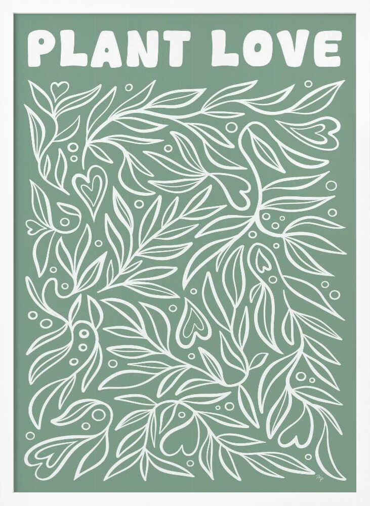 Sage green leaves forming heart shapes, botanical wall art print for office or bedroom.