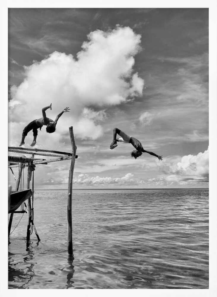 Kids Leaping into Ocean Art Print UK — Landscape Dark Wall Art — Nursery — Wall It All Prints