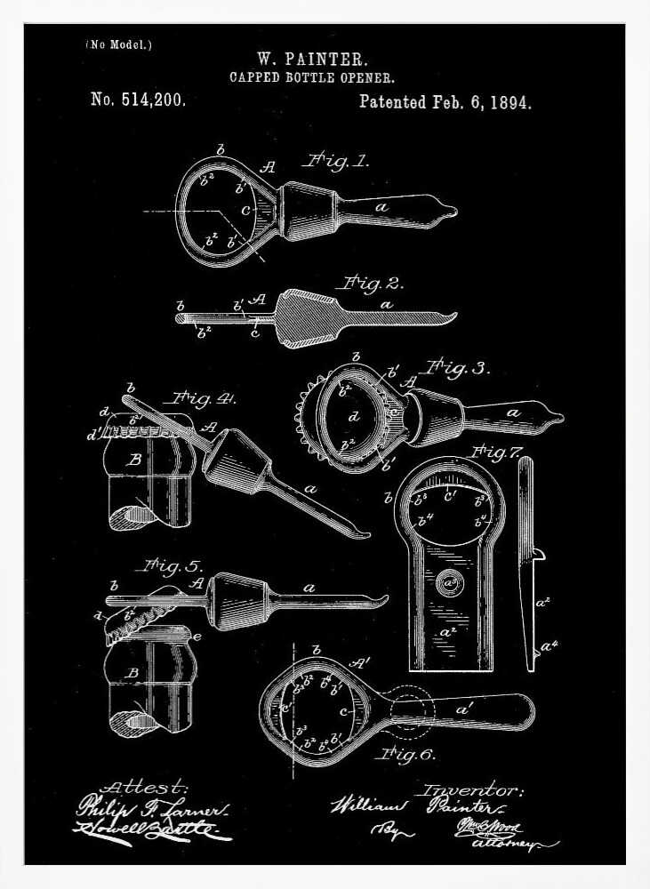 Vintage Bottle Opener Patent Art Print UK — Vintage Dark Wall Art — Kitchen — Wall It All Prints