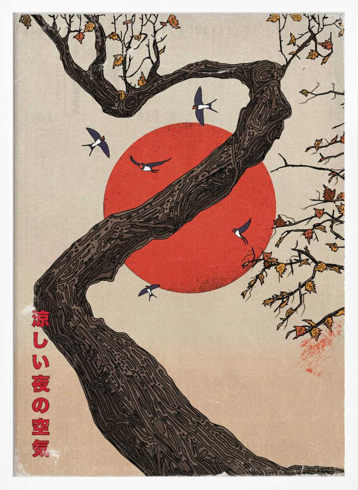 Red Sun Tree Swallows Art Print UK — Japanese Calm Wall Art — Office — Wall It All Prints