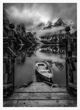 Misty Mountain Lake Boat Art Print UK — Dark Moody Calm Wall Art — Bedroom — Wall It All Prints