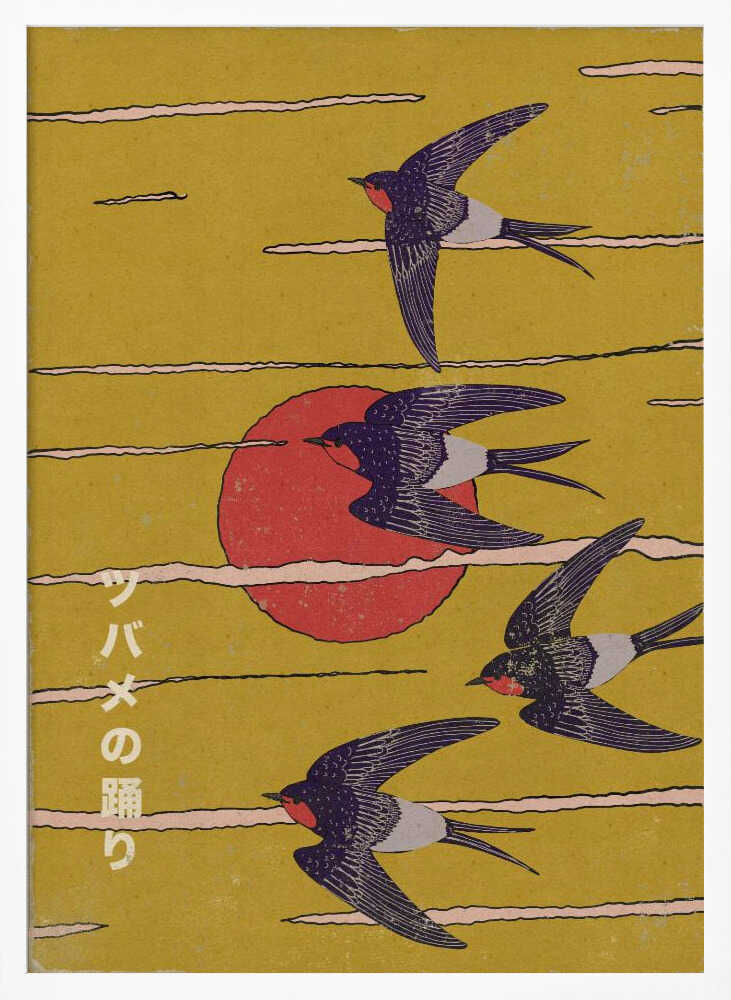 Flying Swallows and Sun Art Print UK — Japanese Vibrant Wall Art — Living Room — Wall It All Prints